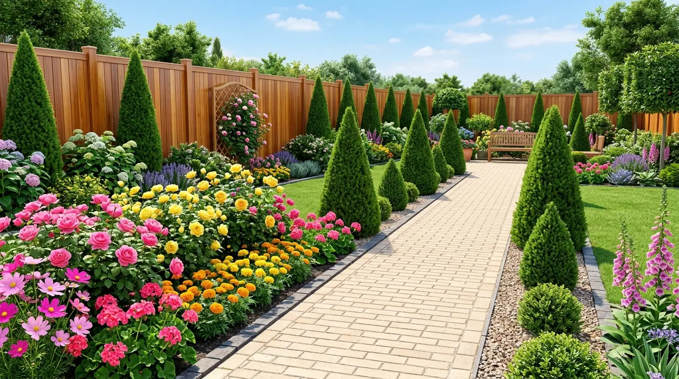 Meticulously maintained background flower beds in a modern front yard.