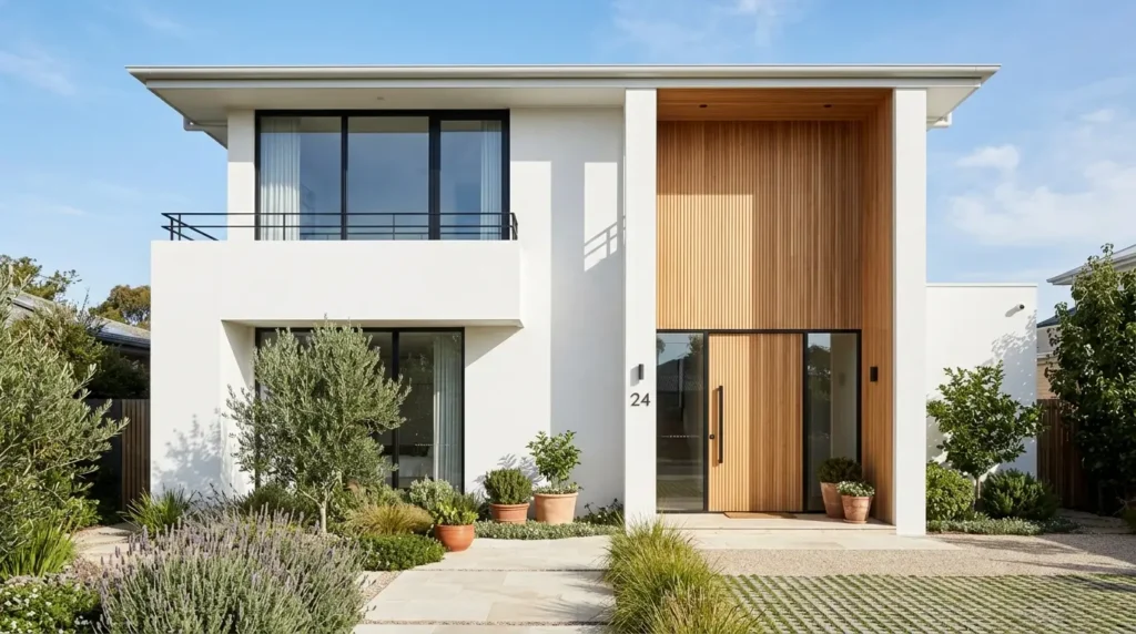 Bright modern home exterior featuring smooth white render contrasting with ribbed oak wood paneling.