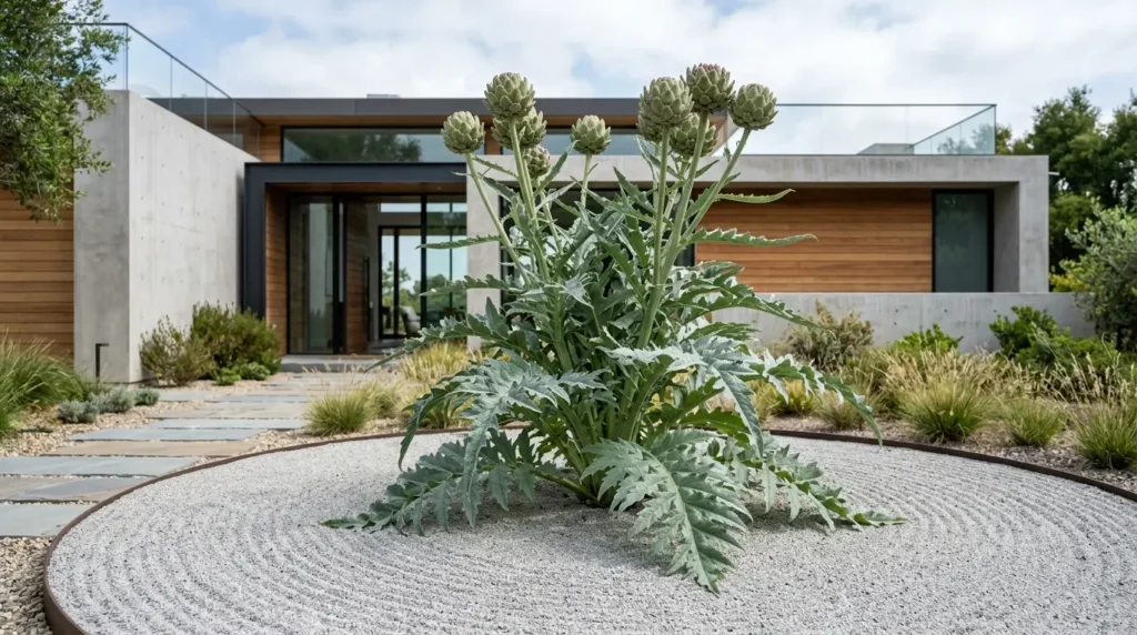A massive, architectural globe artichoke plant serving as a sculptural centerpiece in a minimalist gravel garden. A massive, architectural globe artichoke plant serving as a sculptural centerpiece in a minimalist gravel garden.