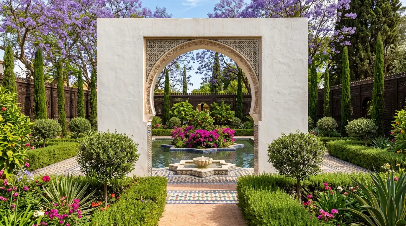 A traditional white stucco Moorish keyhole archway framing a view of a lush Andalusian courtyard pond and jacaranda trees.