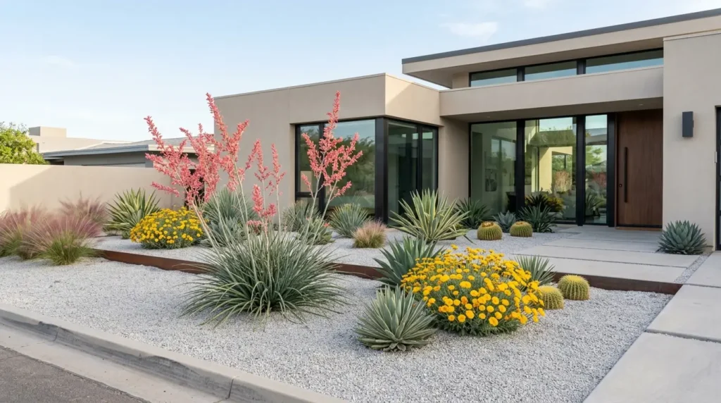 Drought-tolerant gravel garden with blooming red yucca and desert marigold in front of a modern home. Drought-tolerant gravel garden with blooming red yucca and desert marigold in front of a modern home.