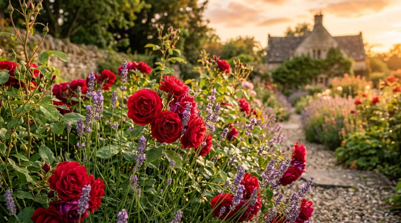 Vibrant red roses and soft purple lavender blooming in a craftsman garden.