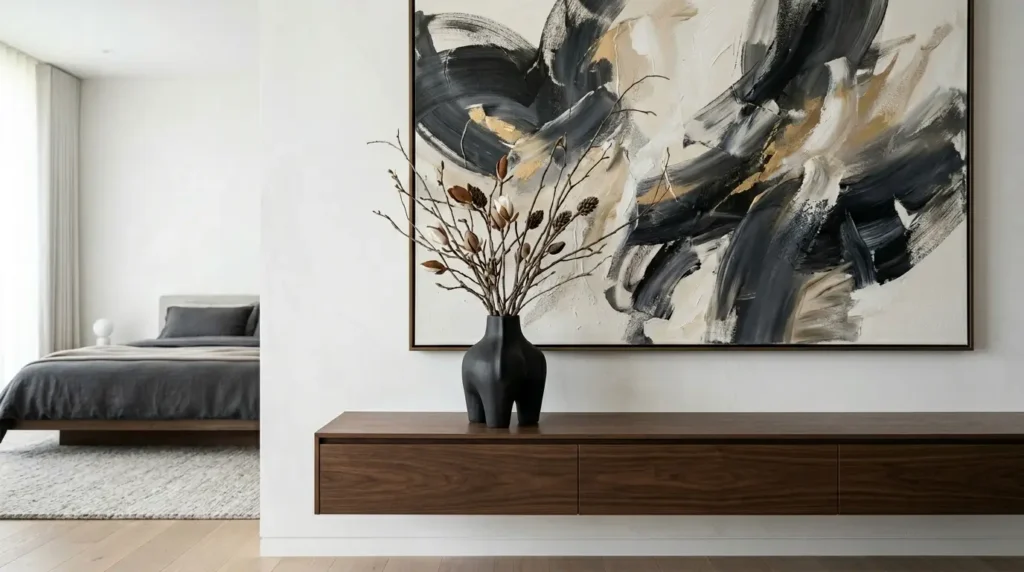 Massive abstract canvas art over a dark wood floating credenza in a modern minimalist luxury bedroom.