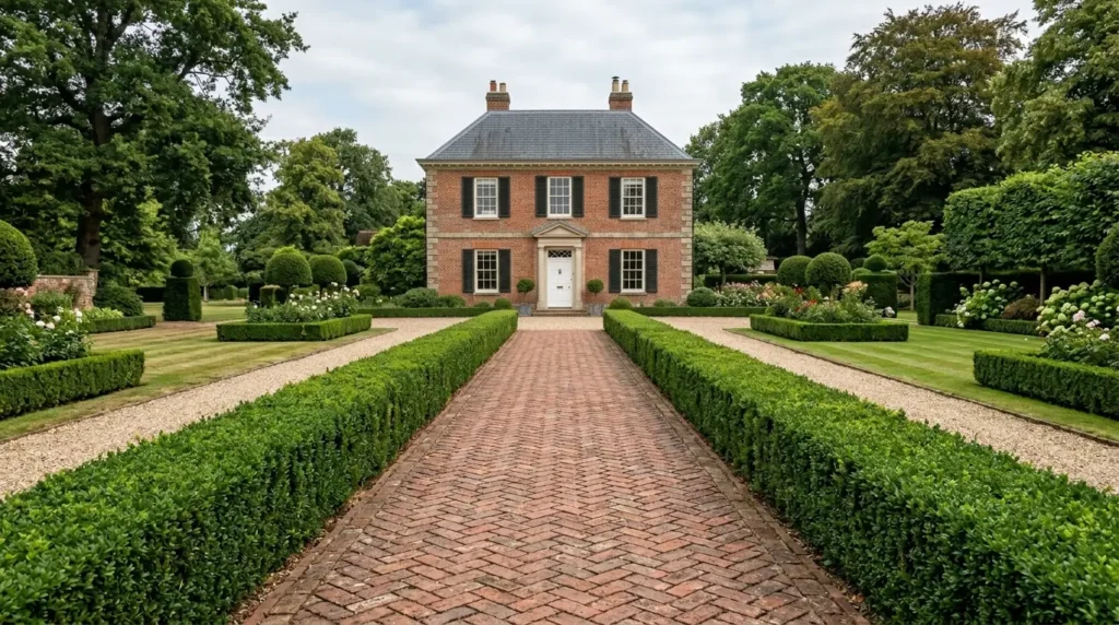 Formal structured landscaping with manicured boxwoods lining a wide brick path to a classic house.