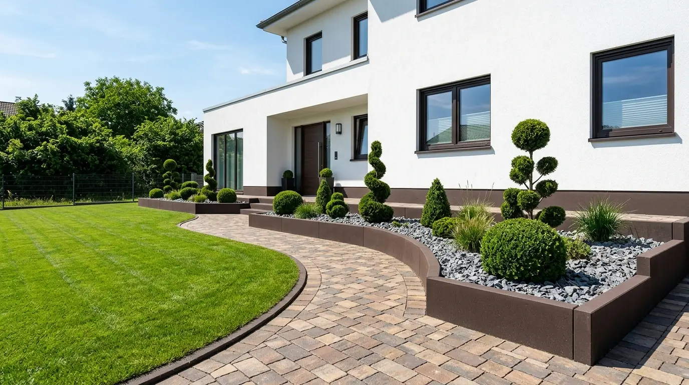 High contrast landscape design featuring a stark white house, dark brown baseboards, matching garden edging, and bright green turf.