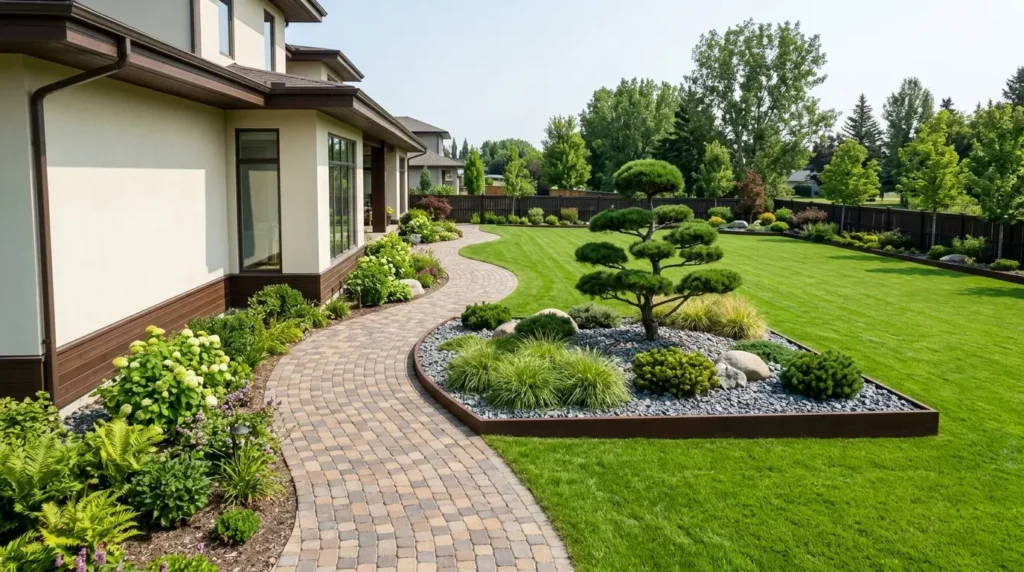 Une vue plus large d'une cour latérale moderne montrant une vaste pelouse d'un vert éclatant, un chemin de pierre incurvé et un arbre Niwaki dans un massif de rocailles. Une vue plus large d'une cour latérale moderne montrant une vaste pelouse d'un vert éclatant, un chemin de pierre incurvé et un arbre Niwaki dans un massif de rocailles.