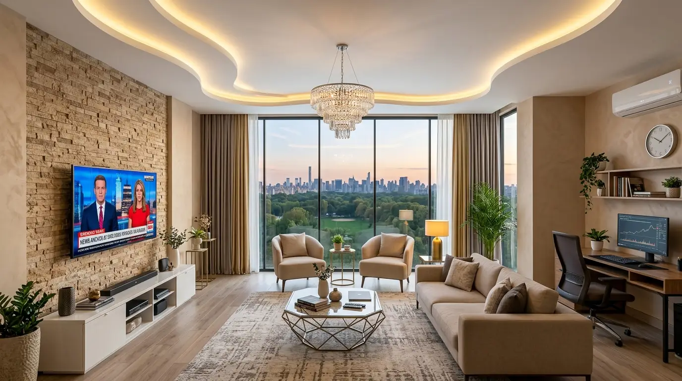 Bright modern multi-functional living room featuring an expansive window framed by taupe curtains, a side stack-stone media wall, and a dedicated home office area. Bright modern multi-functional living room featuring an expansive window framed by taupe curtains, a side stack-stone media wall, and a dedicated home office area.