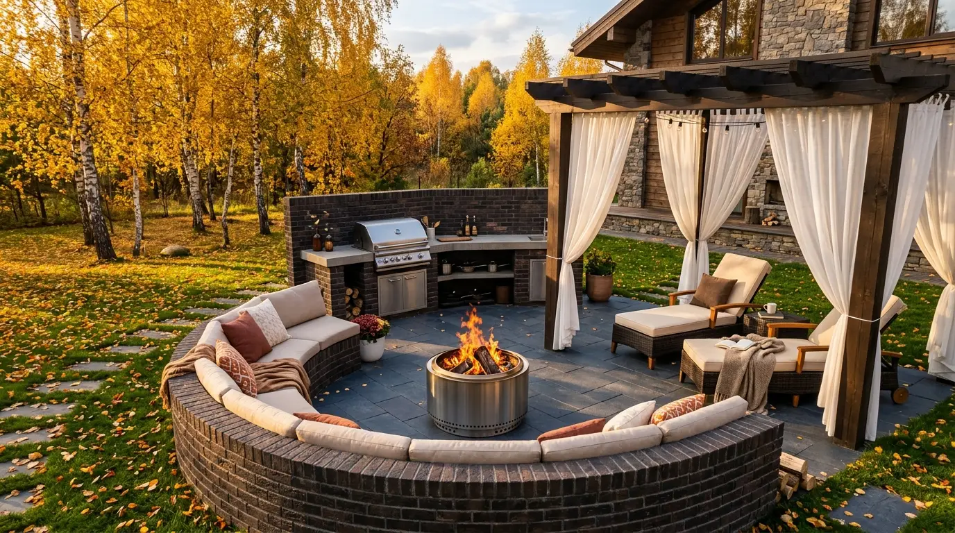 A cozy outdoor fire pit and kitchen area built with dark brick, surrounded by birch trees with vibrant golden autumn leaves.