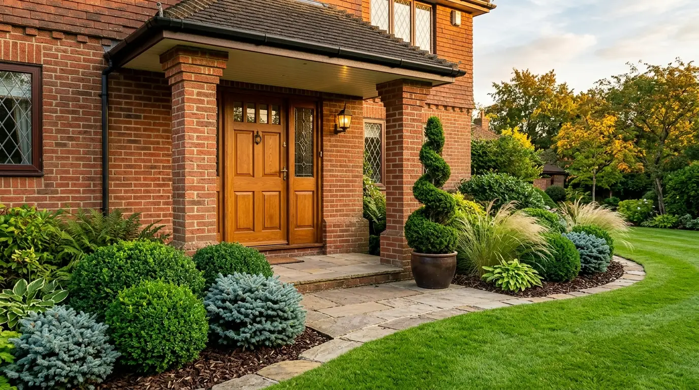 A traditional home exterior featuring a spiral topiary, brick pillars, and a mix of deep green and silvery-blue spherical shrubs.
