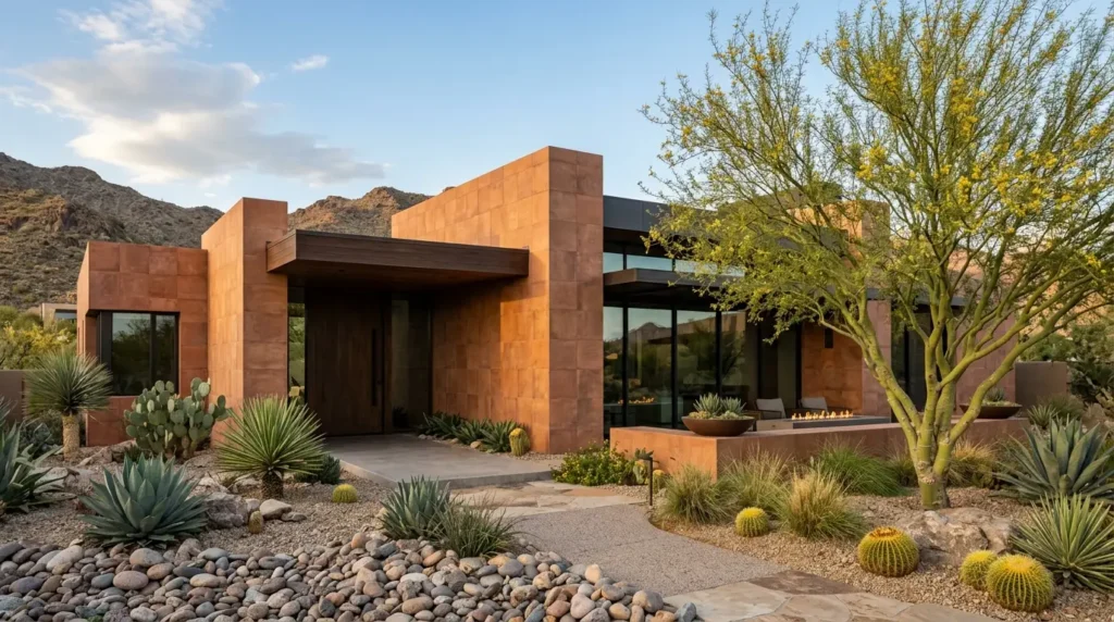 Desert-inspired modern organic home facade featuring earthy terracotta tiles and cubic geometry.