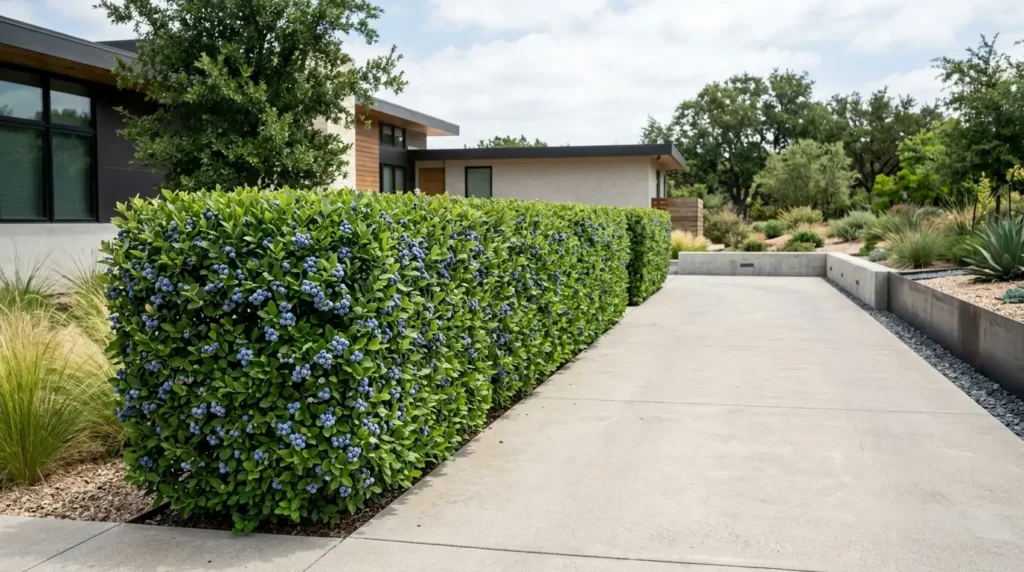 Blueberry bushes meticulously pruned into a formal, geometric rectangular hedge bordering a modern concrete driveway. Blueberry bushes meticulously pruned into a formal, geometric rectangular hedge bordering a modern concrete driveway.