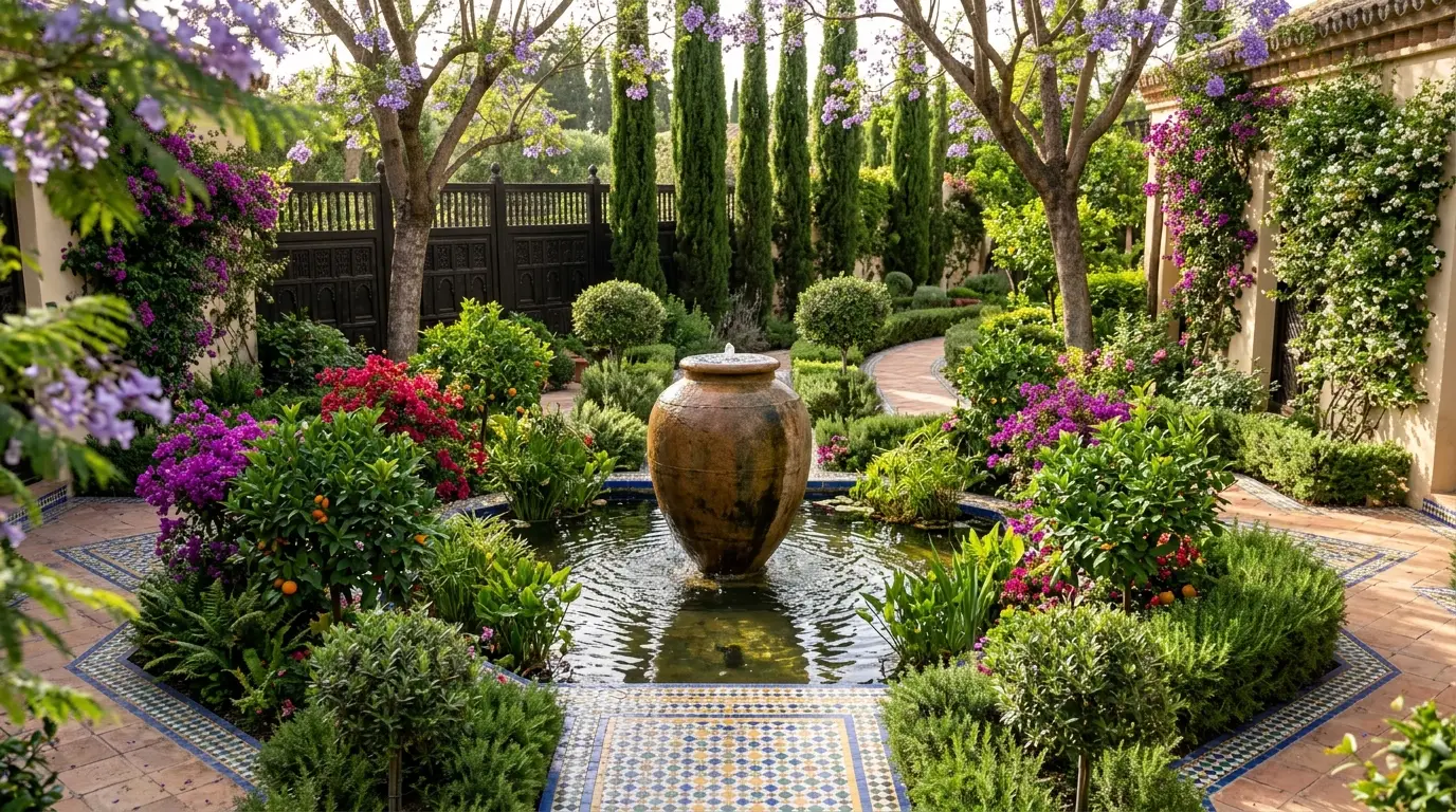 A massive ancient-looking terracotta urn overflowing with water situated in the center of an Andalusian courtyard pond.