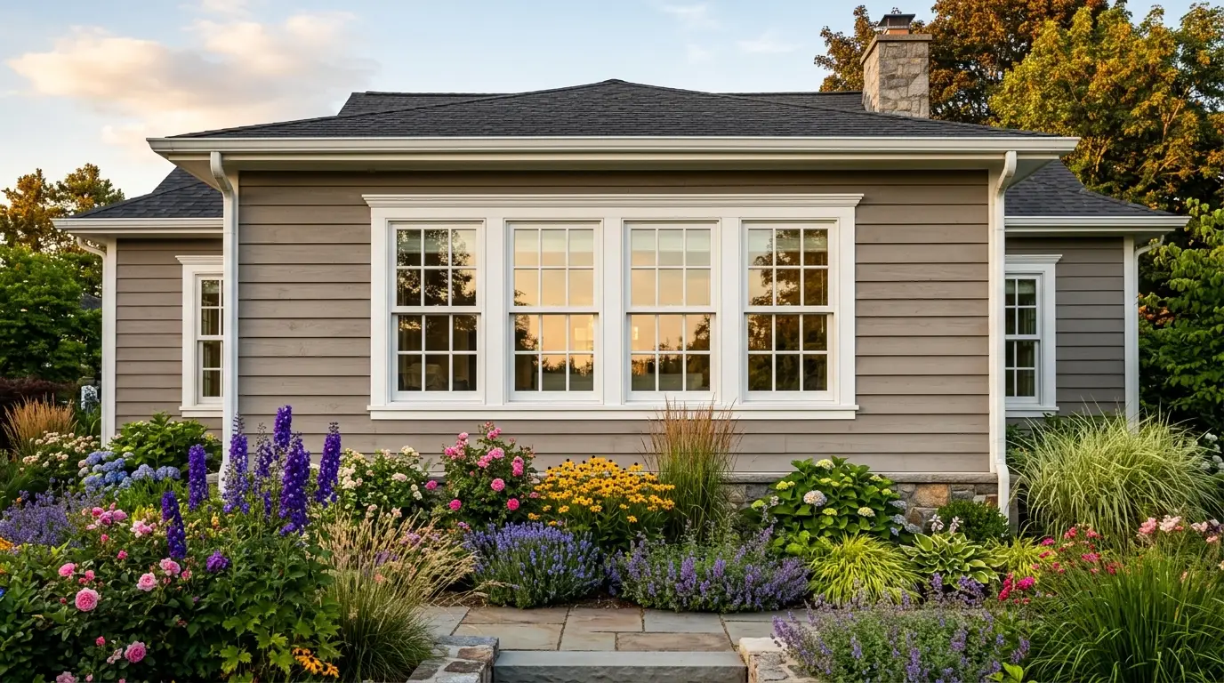 Craftsman house windows overlooking a dense tapestry of colorful garden flowers.