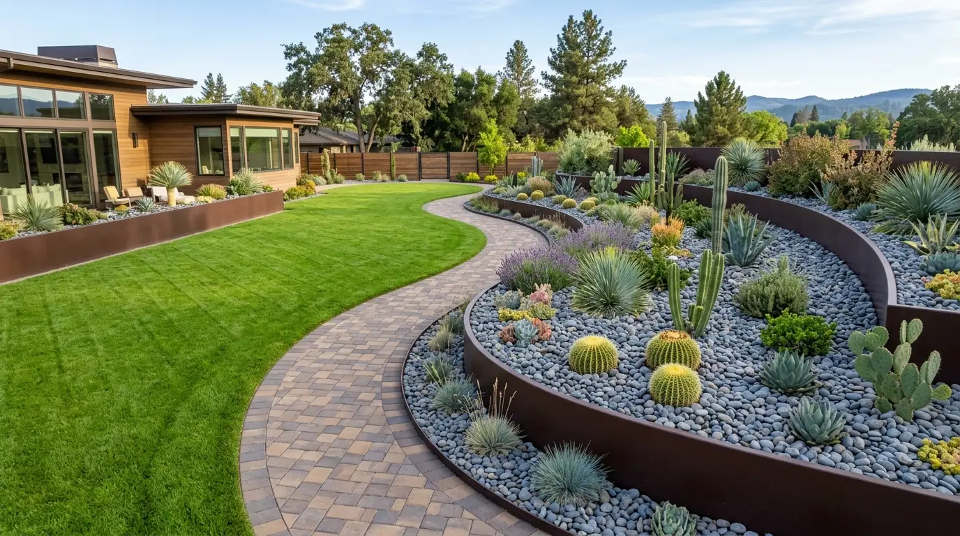 Extra-deep modern garden beds filled with grey rock and bordered by dark brown edging that color-matches the home's exterior trim.