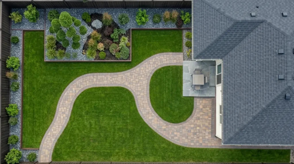 Vue aérienne par drone, plongeant directement sur un chemin de pierre incurvé traversant une pelouse verte et un parterre de rocaille grise dans une cour latérale. Vue aérienne par drone, plongeant directement sur un chemin de pierre incurvé traversant une pelouse verte et un parterre de rocaille grise dans une cour latérale.