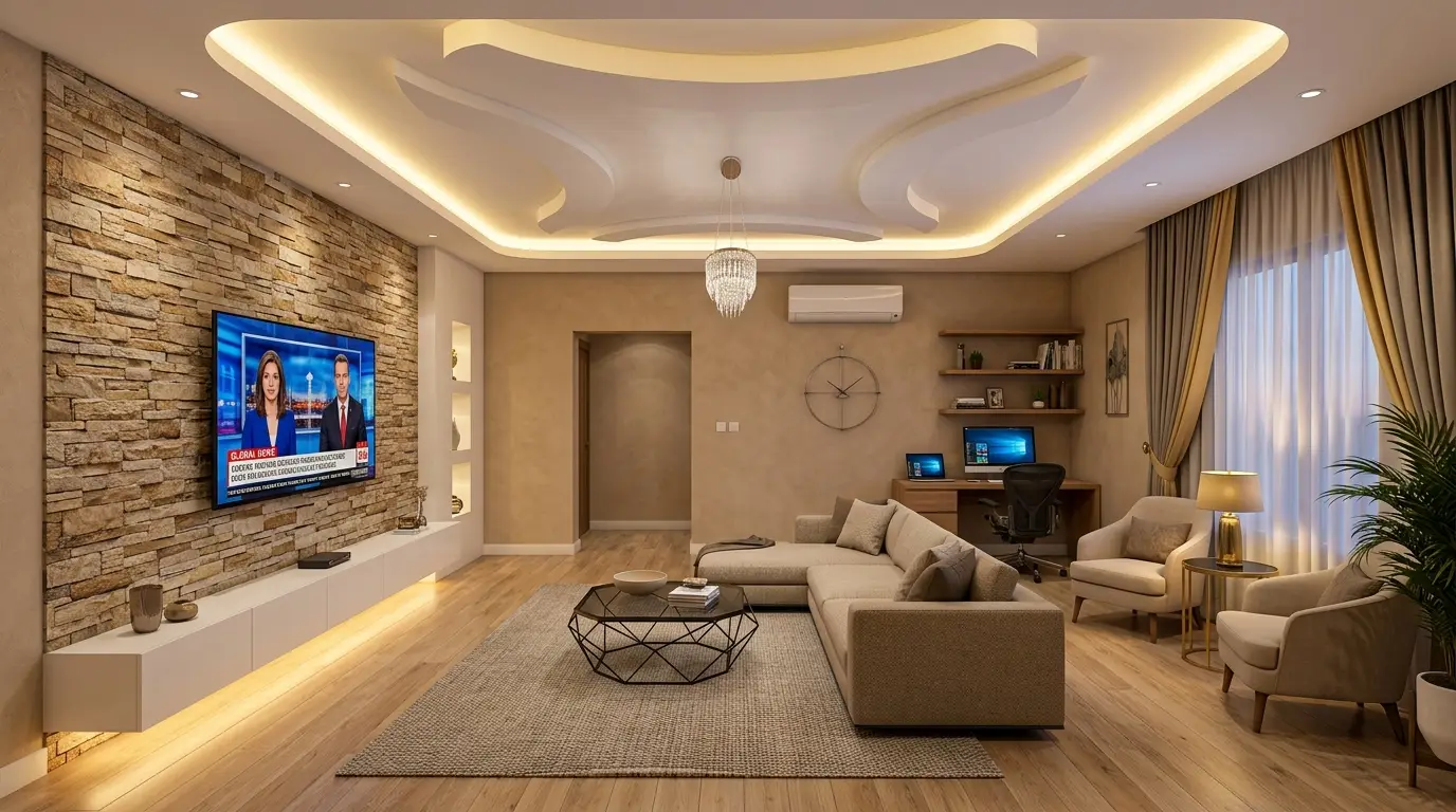 Sleek modern living room showcasing a seemingly floating white media console against a stack-stone wall, paired with a beige L-shaped sofa and a dedicated corner desk. Sleek modern living room showcasing a seemingly floating white media console against a stack-stone wall, paired with a beige L-shaped sofa and a dedicated corner desk.