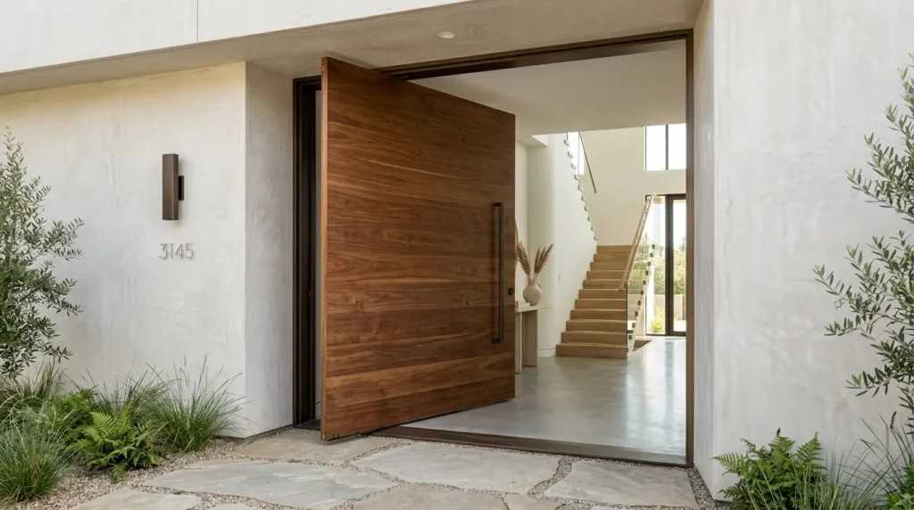 Oversized walnut wood pivot front door on a modern minimalist home entrance.