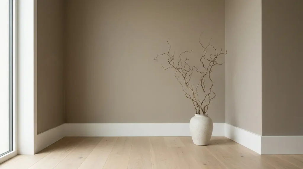 Flawlessly painted modern organic minimalist interior wall in warm taupe meeting a white baseboard and oak floor. Flawlessly painted modern organic minimalist interior wall in warm taupe meeting a white baseboard and oak floor.