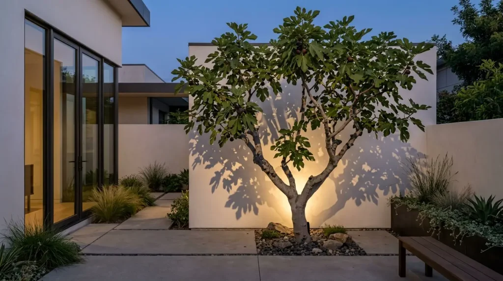 A sculptural fig tree with large lobed leaves illuminated by an uplight, casting shadows on a white stucco wall at night. A sculptural fig tree with large lobed leaves illuminated by an uplight, casting shadows on a white stucco wall at night.
