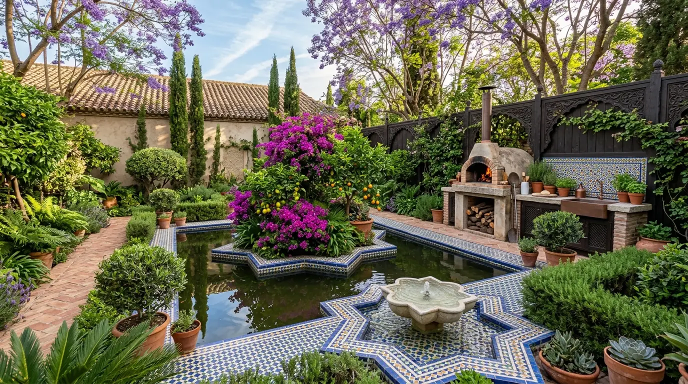 An outdoor kitchen with a wood-fired pizza oven and mosaic tile backsplash seamlessly integrated into an Andalusian backyard design.