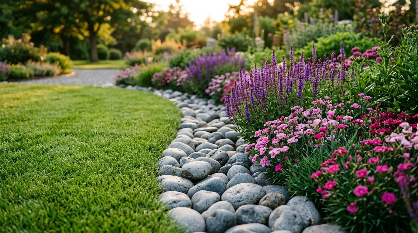 Sharp transition between a manicured lawn and stone-bordered flower beds.