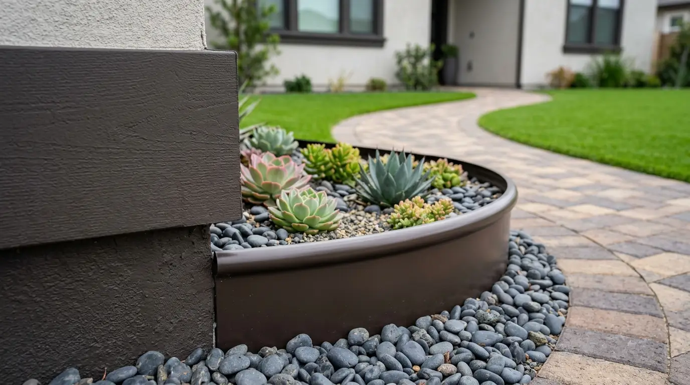 Close-up showing the subtle textural difference between a dark brown house baseboard and matching dark brown metal garden edging.