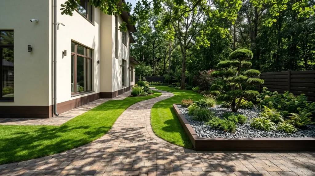 La lumière du soleil, filtrée par les arbres, projette des ombres sur un chemin de pierres imbriquées et incurvé et sur une pelouse d'un vert éclatant dans une cour latérale moderne. La lumière du soleil, filtrée par les arbres, projette des ombres sur un chemin de pierres imbriquées et incurvé et sur une pelouse d'un vert éclatant dans une cour latérale moderne.