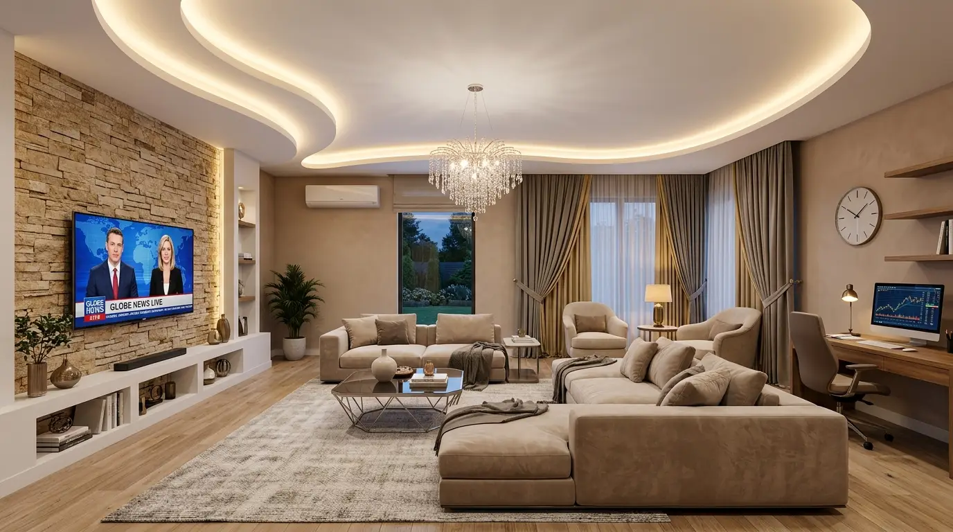 Ultra-comfortable modern living room featuring plush velvet-blend beige seating, a textured stack-stone media wall, and an integrated workspace under warm LED lighting. Ultra-comfortable modern living room featuring plush velvet-blend beige seating, a textured stack-stone media wall, and an integrated workspace under warm LED lighting.