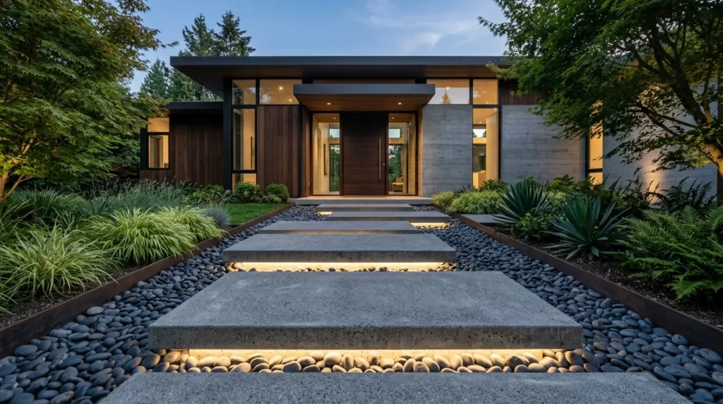 Front walkway of a modern home featuring illuminated floating concrete steps over river stones.