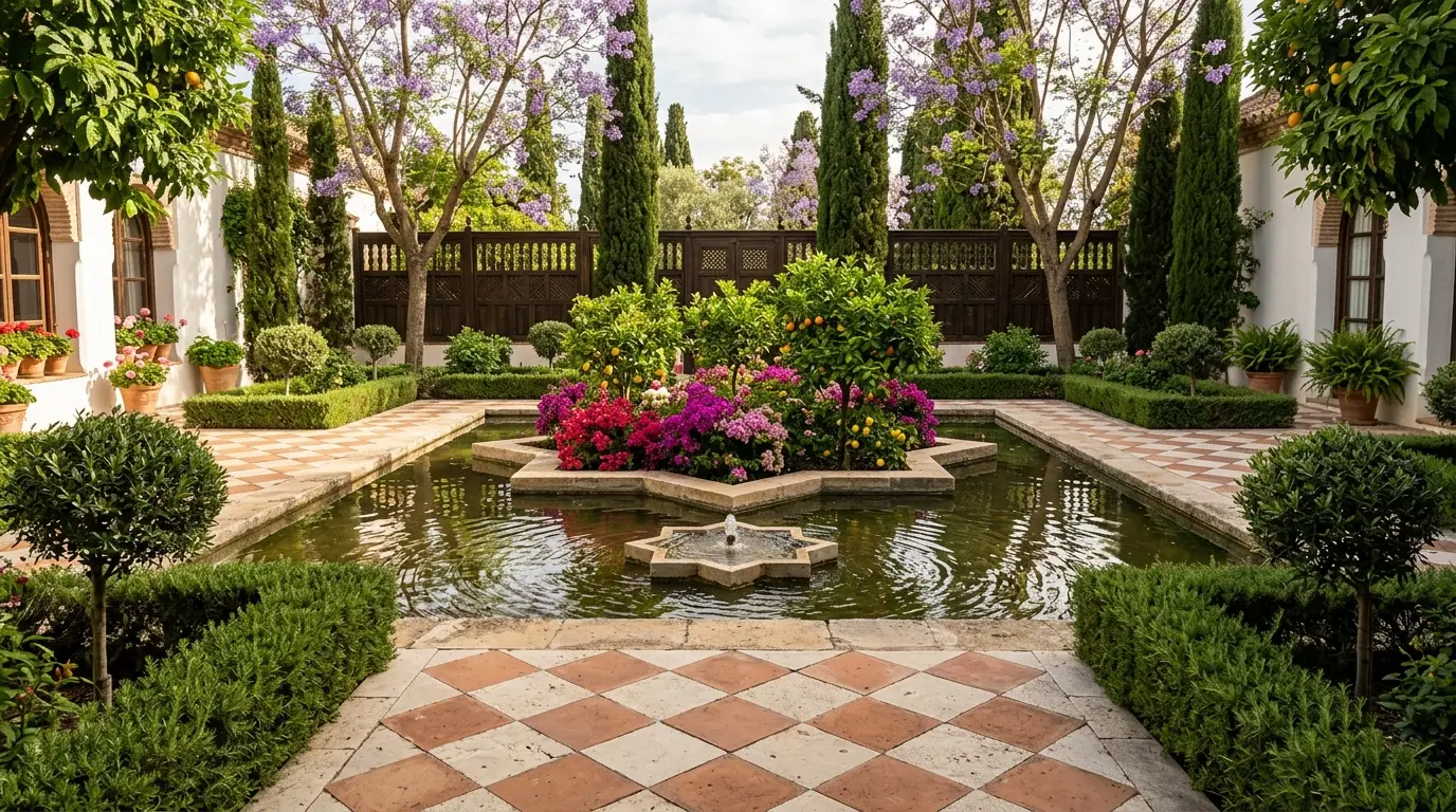 A large backyard patio floor featuring a striking checkerboard pattern of alternating terracotta squares and pale limestone slabs.