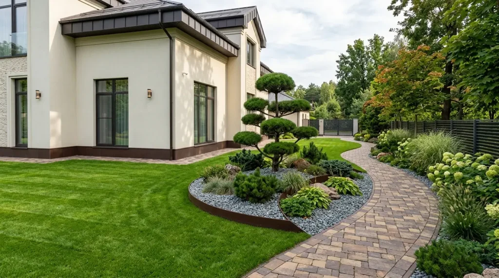 Un aménagement latéral moderne asymétrique avec un chemin de pierre à droite et une large pelouse verte jouxtant une maison couleur crème à gauche. Un aménagement latéral moderne asymétrique avec un chemin de pierre à droite et une large pelouse verte jouxtant une maison couleur crème à gauche.