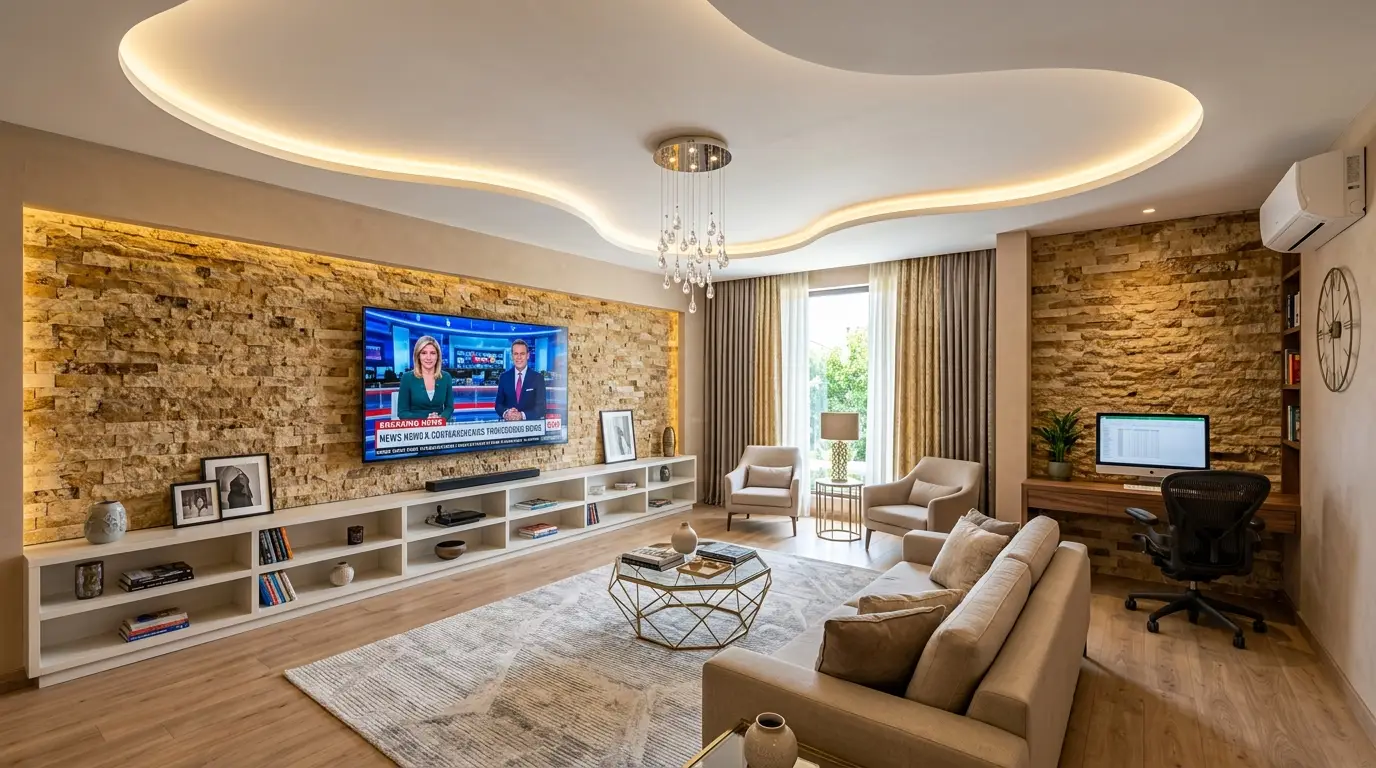 Expansive modern living room design featuring a continuous, extra-wide stack-stone media wall that beautifully incorporates a built-in wooden home office desk. Expansive modern living room design featuring a continuous, extra-wide stack-stone media wall that beautifully incorporates a built-in wooden home office desk.