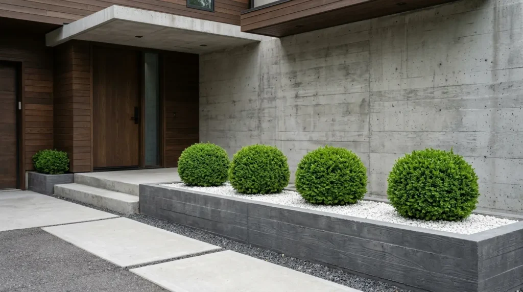 Built-in concrete planter boxes on a modern front porch featuring spherical boxwoods and white gravel.