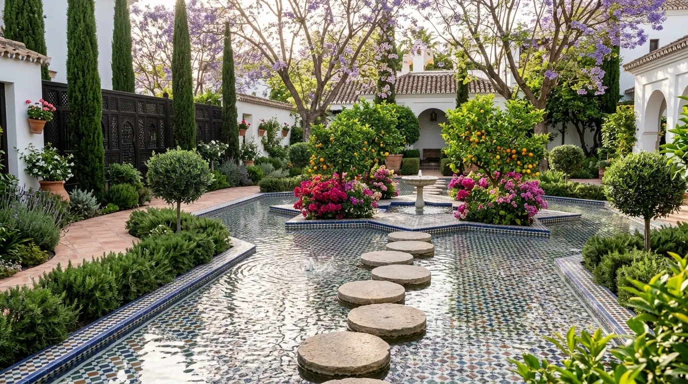 Large circular stone stepping stones providing a walkway directly across the surface of a shallow Andalusian courtyard pond.
