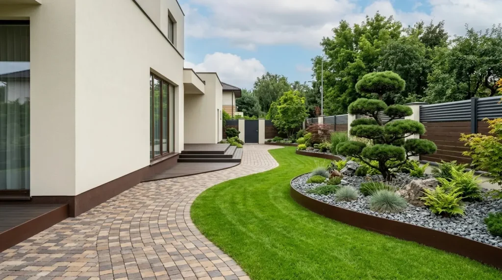 Des lignes de transition épurées et minimalistes séparent une pelouse verte, des bordures brun foncé, des rochers gris et une maison couleur crème dans une cour latérale moderne. Des lignes de transition épurées et minimalistes séparent une pelouse verte, des bordures brun foncé, des rochers gris et une maison couleur crème dans une cour latérale moderne.