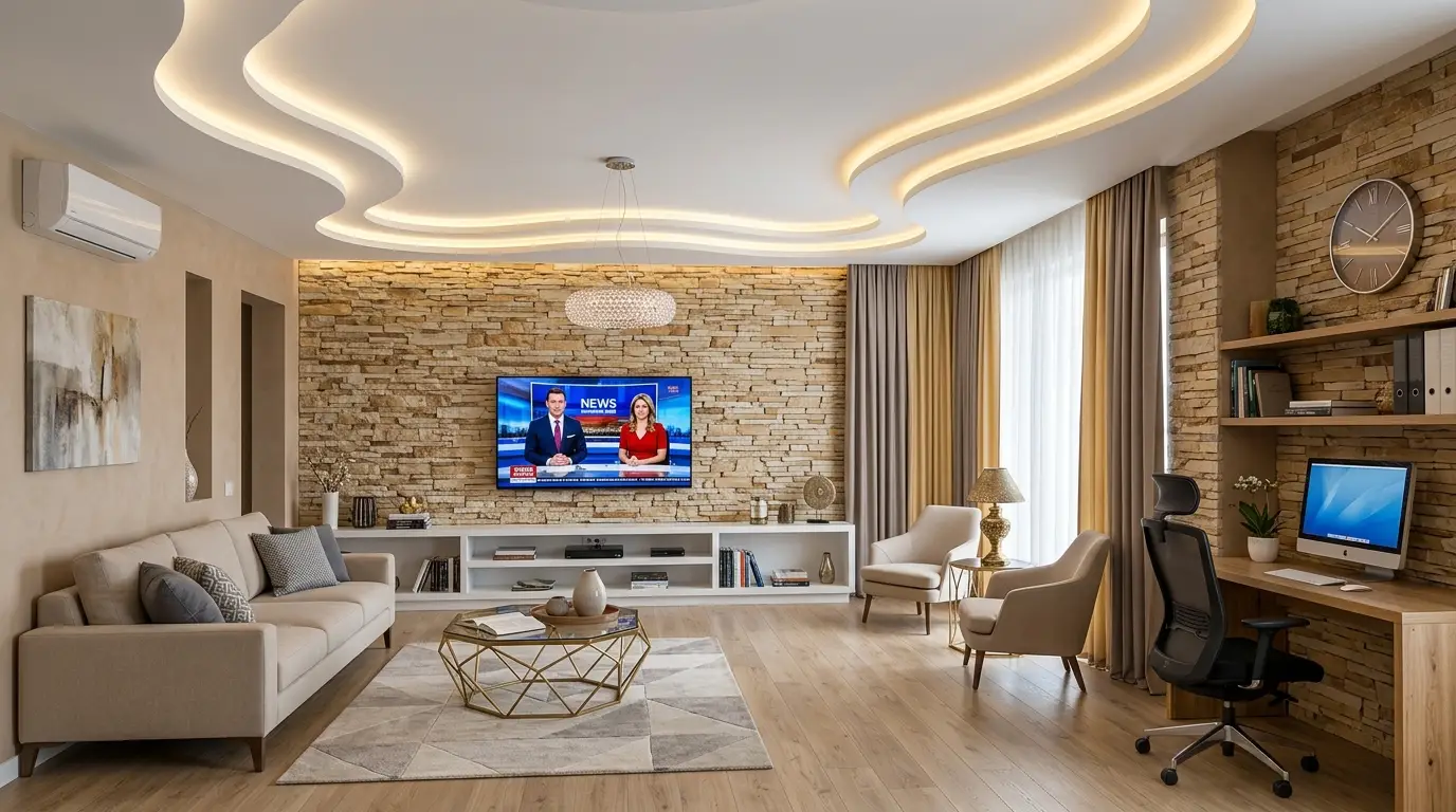 Contemporary multi-functional living room highlighting sharp geometric angles in the LED false ceiling, metal coffee table, and patterned area rug near the workspace. Contemporary multi-functional living room highlighting sharp geometric angles in the LED false ceiling, metal coffee table, and patterned area rug near the workspace.