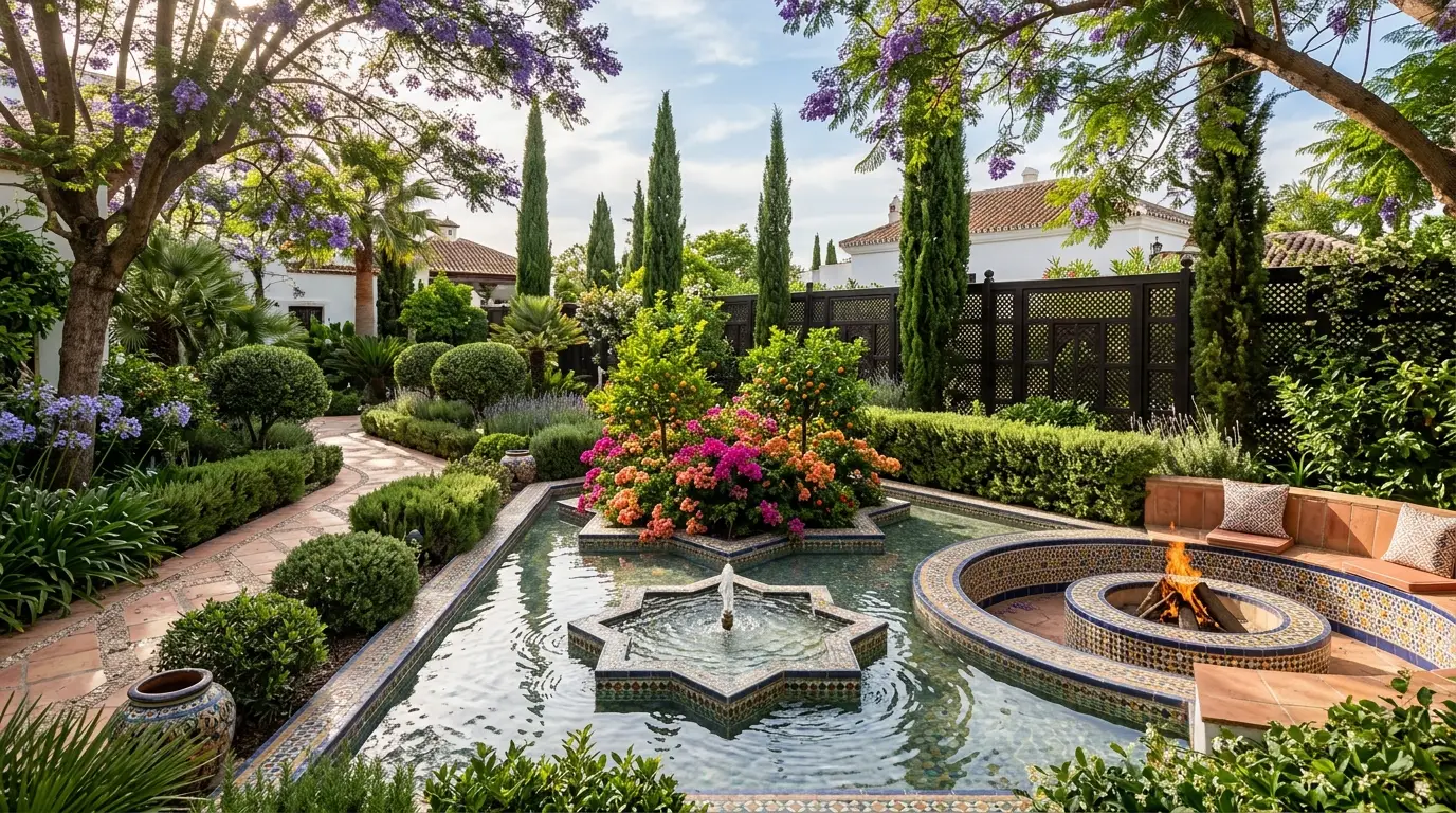 A sunken circular fire pit lined with mosaic tiles and terracotta seating situated adjacent to an Andalusian courtyard pond.