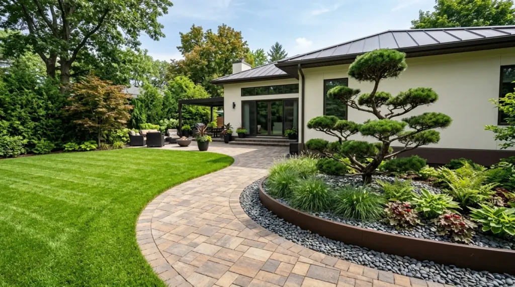 Un chemin de pierre incurvé sur le côté de la cour se marie harmonieusement avec une plus grande terrasse à l'arrière, bordée d'une pelouse verte et d'une maison couleur crème. Un chemin de pierre incurvé sur le côté de la cour se marie harmonieusement avec une plus grande terrasse à l'arrière, bordée d'une pelouse verte et d'une maison couleur crème.