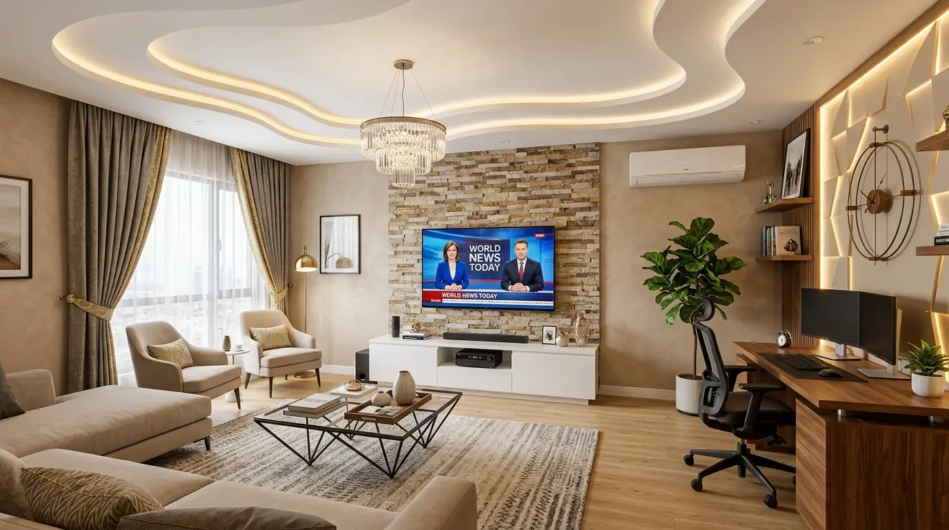 Modern living room with a tan stack-stone media wall and a specialized, LED-illuminated decorative wall feature directly adjacent to the integrated home office. Modern living room with a tan stack-stone media wall and a specialized, LED-illuminated decorative wall feature directly adjacent to the integrated home office.