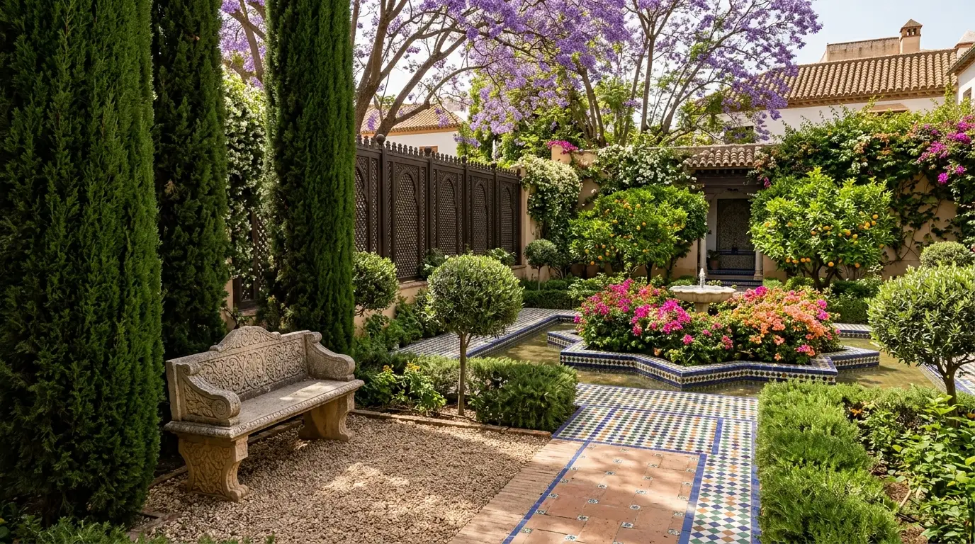 A hidden backyard meditation nook with a solitary carved stone bench resting on crushed gravel, looking out toward a courtyard pond.