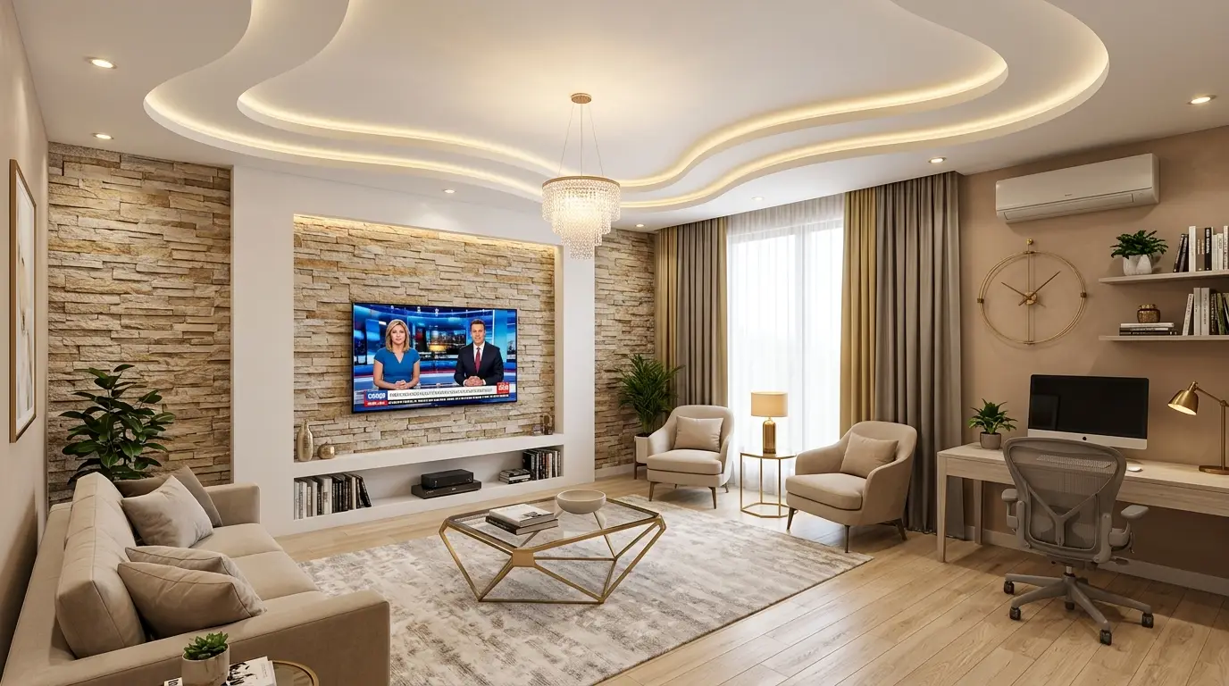 Serene, neutral modern living room flawlessly balancing muted tan stack-stone, light blonde wood flooring, beige seating, and a light ash wood dedicated workspace. Serene, neutral modern living room flawlessly balancing muted tan stack-stone, light blonde wood flooring, beige seating, and a light ash wood dedicated workspace.