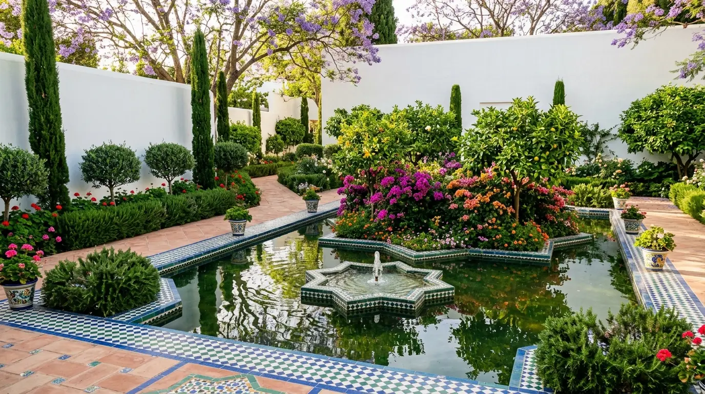 A tall, bright white smooth stucco privacy wall enclosing a lush Andalusian courtyard garden with a central star-shaped fountain.