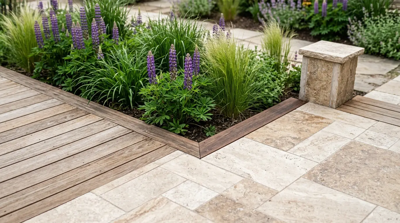 Close-up of beige and brown stone tiles meeting a wooden garden bed and deck corner.