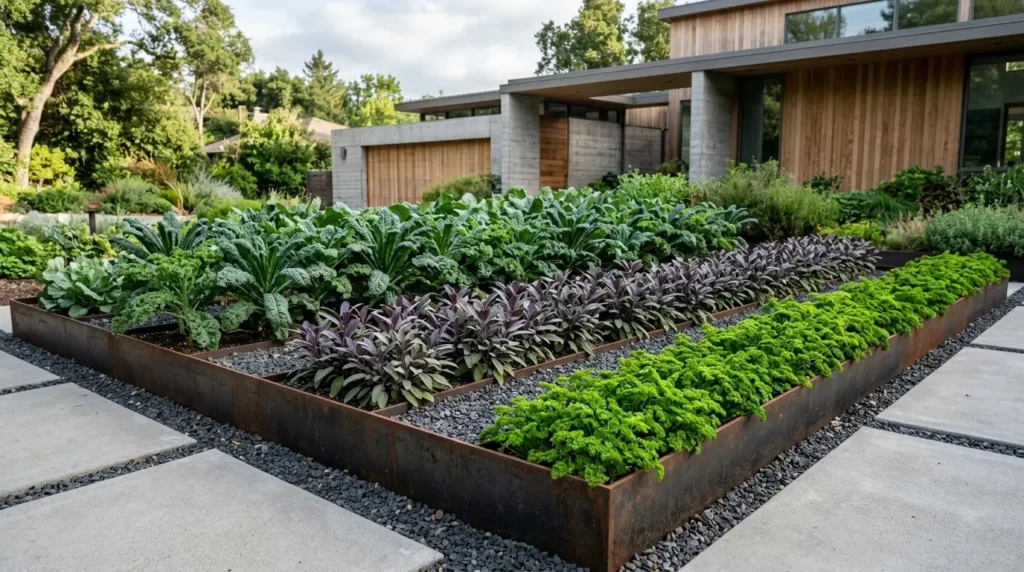Corten steel garden bed featuring a geometric, modern planting of edible kale, sage, and parsley separated by gravel. Corten steel garden bed featuring a geometric, modern planting of edible kale, sage, and parsley separated by gravel.