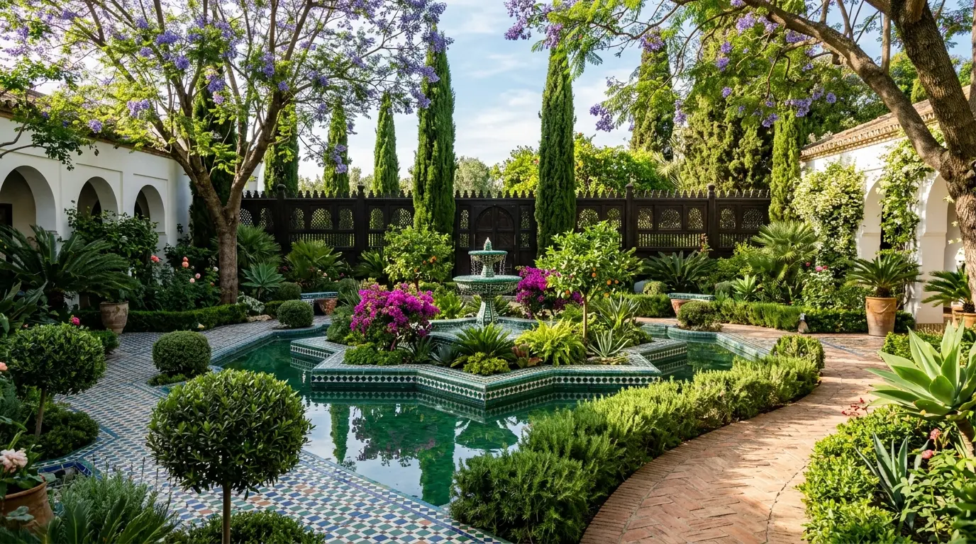 Close-up of intricate emerald and sapphire zellige mosaic tiles on a star-shaped courtyard fountain surrounded by Mediterranean landscaping.