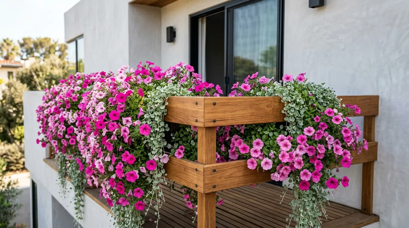 Close-up of cascading pink petunias spilling over a warm brown modern wooden balcony railing.