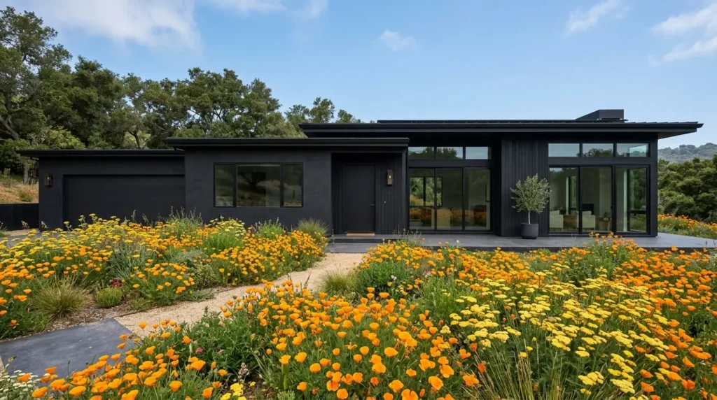 Matte black modern minimalist house exterior contrasted with a vibrant flower garden of orange and yellow blooms. Matte black modern minimalist house exterior contrasted with a vibrant flower garden of orange and yellow blooms.