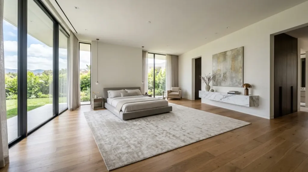 Spacious modern luxury bedroom layout showing expansive negative space and a central platform bed.