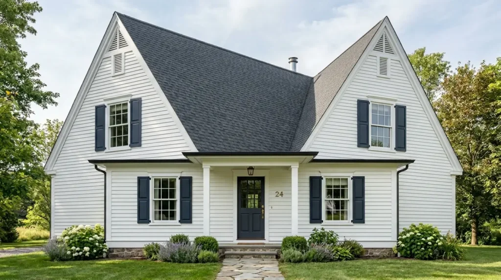 Small classic house with a steeply pitched gable roof that makes the home look incredibly tall