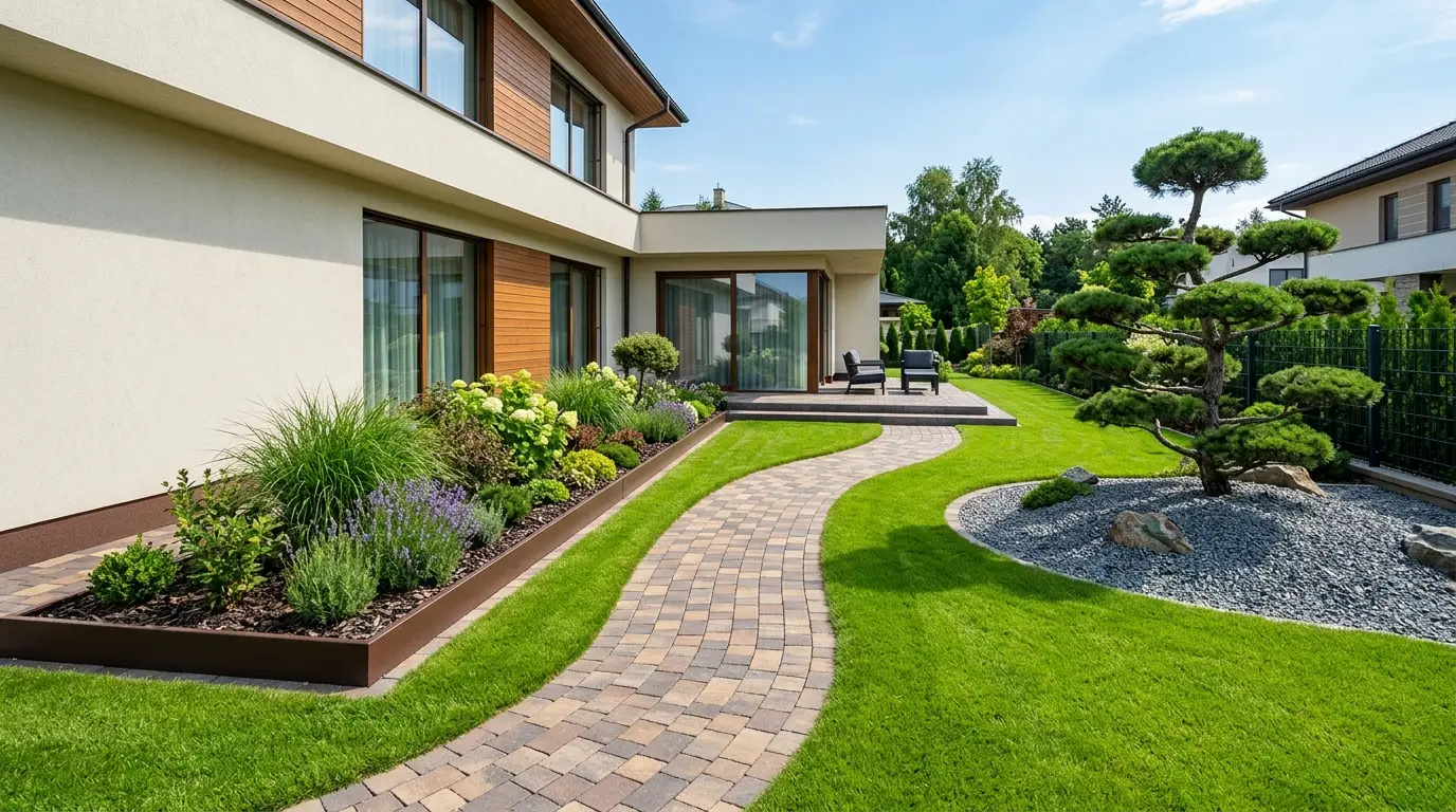 Dark brown raised garden edging running parallel to a matching dark brown house baseboard with a curved stone pathway in the foreground.